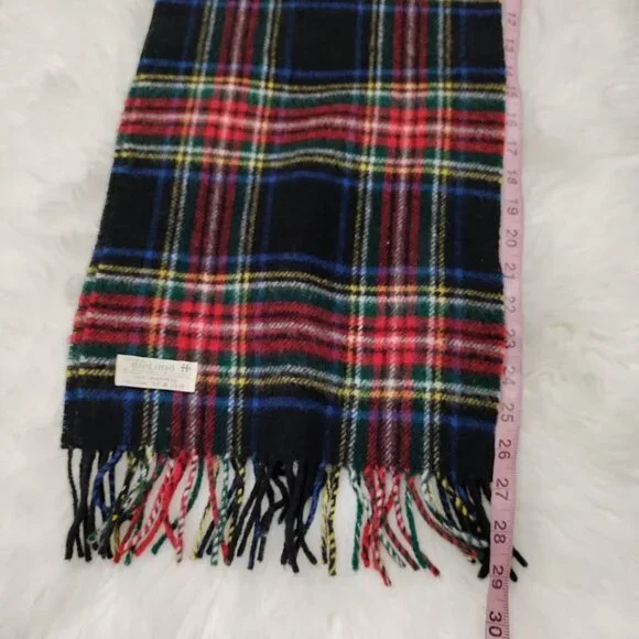 Jonh Hanly Black Stewart Tartan Fringe Rectangular Mens Scarf Made in Ireland - Picture 4 of 5